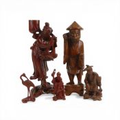 Antique Chinese carved hard wood figurine sculptures, representing good fortune or longevity. (H:
