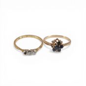 18ct gold diamond ring, 1.9g and 9ct gold ring set with cluster of blue stones, 1,5g, each ring
