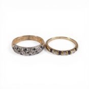 Two 9ct gold rings, each set with blue & white stones, sizes L & N, 4.3g.