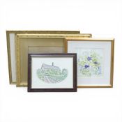 Maureen Ratcliffe, watercolour painting of purple flowers, and three other pictures, in gilt frames.