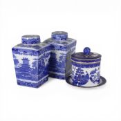 Rington's Willow blue and white pattern tea caddies with covers, depicting Chinese-style pagoda
