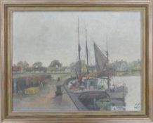 Mid century oil on board painting of a harbour scene, indistinctly signed lower right, overall