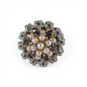 18ct gold ring set pearl, ruby, sapphire & turquoise, of Middle Eastern origin, ring size L, not