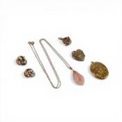 9ct gold fob set goldstone ball, 2 x gold back & front lockets, coral pendant on fine gold chain & a