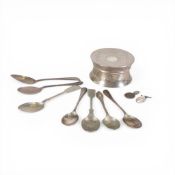 Silver round hinged jewellery box, 76.8g,silk lined with leather base, Silver spoon and cufflink,