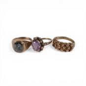 3 x 9ct gold rings, amethyst set (size J), polished & cut hematite (N) & plain without stone N/O,