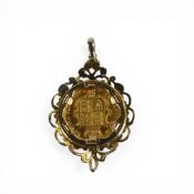 1877 half sovereign shield back gold coin set in loose 9ct gold hallmarked pendant mount, 8.95g