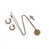A collection of 9ct gold jewellery including St Christopher pendant and chain, pair earrings and
