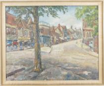Mid century acrylic on board of a high street scene, signed lower right David Perry, in original