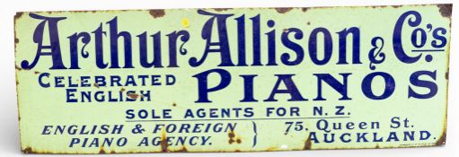 Large enamel advertising sign for Arthur Allison & Co.'s Celebrated English Pianos, New Zealand,
