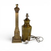 Ceramic table lamp of tapering hexagonal form, together with a brass column form table lamp (