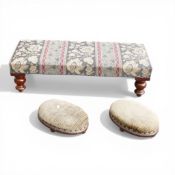 A floral upholstered footstool, H26cm x L86cm with 2 similar matching items. Collection only.