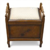 Late 19th early 20th century mahogany piano stool with upholstered seat, hinged top to allow storing