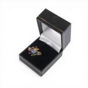 9ct gold QVC ring set with multicoloured stones, size R, 3.2g.