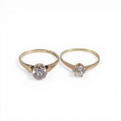 Two 9ct gold rings, each set solitaire CZ stones, sizes l & O, 3g.
