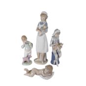 Nao porcelain figurines to include Nurse, no.709, Harlequin with Cat, Boy on Phone with Puppets,