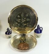 A collection of items to include a decorative brass tray, featuring intricate engraved designs, vin