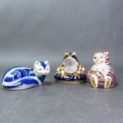 Royal Crown Derby paperweights, Artic Fox with porcelain stopper, Bear with silver stopper and a