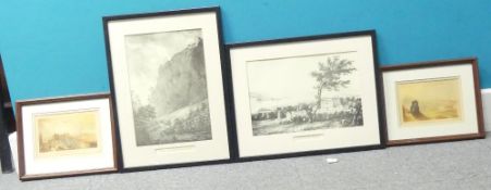 A collection of framed vintage topographical engravings depicting Culloden House, Pass of