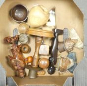A collection of carved wooden items to include bowls, candlestick, figurines, ink well, Chinese