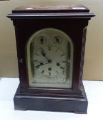 Early 20th century Junghans mahogany cased mantle clock, pendulum and key absent, height 39cm.