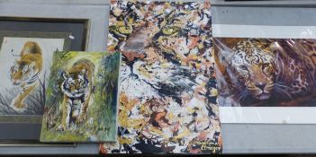 A group of 4 pieces of artwork, all with a big cat theme, to include an Oriental framed print of a