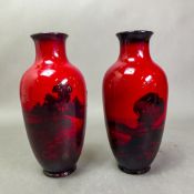 Royal Doulton, two Royal Doulton flambe vases, one monogrammed for Fred Moore, the other signed