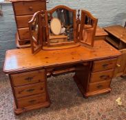 Solid pine knee hole dressing table with a matching mirror and 6 storage drawers W143cm x H72cm x