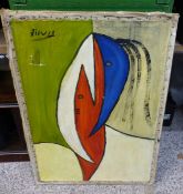 Mid-century painting on canvas in 'the manner of Picasso', overall size 85cm x 65cm, L shape rip