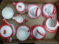 Midwinter Stylecraft Red Domino design tea set to include tea pot, small teapot, four tea cups, four