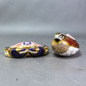 Royal Crown Derby paperweights, Quail with gold stopper and a Crab with silver stopper, height of
