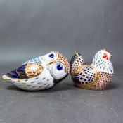 Royal Crown Derby paperweights, Owl with silver stopper and a Chicken with silver stopper, height of