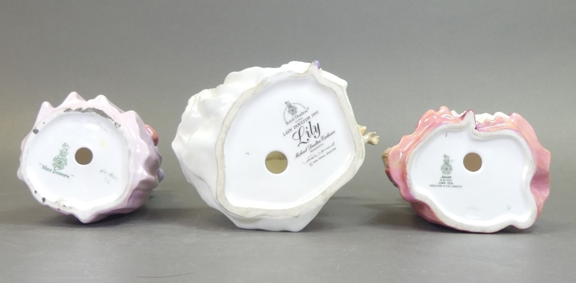 Royal Doulton Lady figurines to include:- Lily HN3626, Janet HN1537, Miss Demure HN1402. Tallest:- - Image 2 of 2