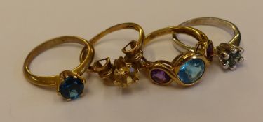 Four 9ct gold dress rings set with semi precious stones, size L, combined weight 9.9g (4).