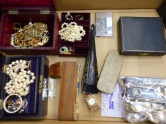 Two vintage jewellery caskets and costume jewellery contents, together with a quantity of silver-
