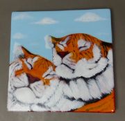 A Sarah Ewin Ceramics square tile/plaque depicting two tigers, titled 'Soul Mates' and dated 2011,