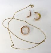 9ct gold jewellery items, a necklace and scrap/cut rings, combined 5.2g.