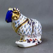 Royal Crown Derby paperweight, blue faced Ram, gold stopper, height 15cm.