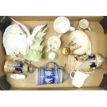 A mixed collection of items to include Fitz and Floyd porcelain Crane candle stick and Swan bowl,