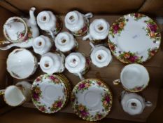 Royal Albert Old Country Roses pattern tea set comprising a small teapot, 10 tea trios, milk jug and