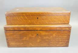 Two vintage oak cutlery boxes, featuring brass shield-shaped initial plate, engraved, both lined
