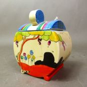 Clarice Cliff Art Deco Bonjour shape preserve pot and cover, height 10.5cm.