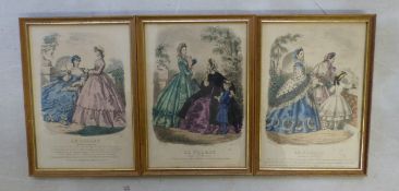 Three French fashion engravings (fashion plates) Le Follet, Boulevart St Martin 69, depicting