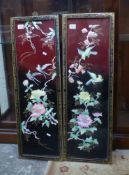 Two Chinese decorative wall panels with applied mother of pearl type decoration, size of each 90cm x