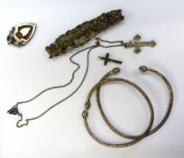 A collection of Sterling silver items, pierce-work bracelet, 2 bangles, shield fob, necklace and 2