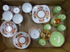 Two part tea sets, Crown Devon apple green and gold and a Bell China example (1 tray).