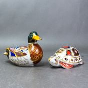 Royal Crown Derby paperweights, Mallard Drake with silver stopper and a Tortoise with porcelain