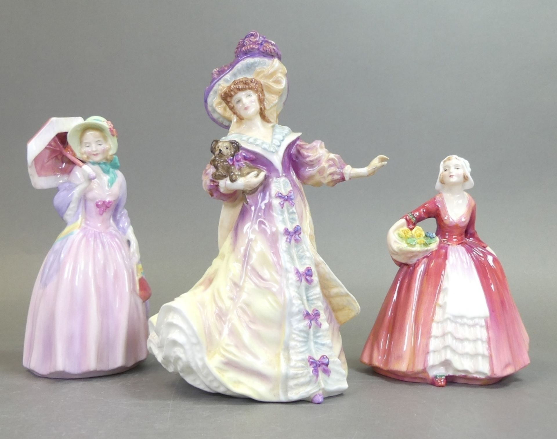 Royal Doulton Lady figurines to include:- Lily HN3626, Janet HN1537, Miss Demure HN1402. Tallest:-