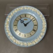 Scarce Wedgwood Metamec collaboration wall clock – blue Queensware with vine leaf border, silvered