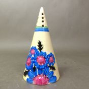 Clarice Cliff Marguerite pattern conical shape sugar sifter, Bizarre mark, height 14cm, small chip